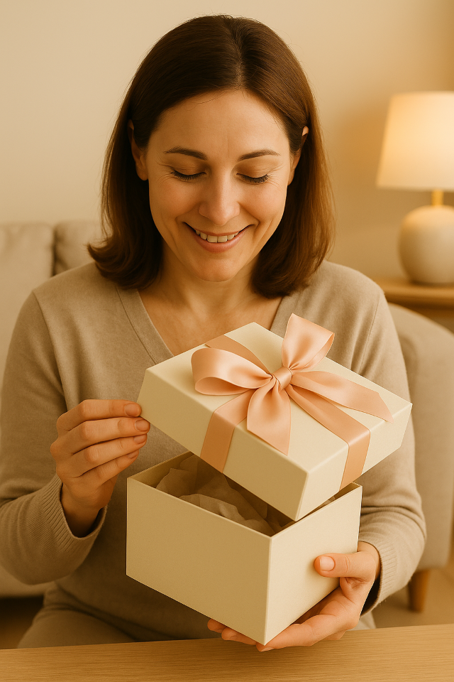 Cadeau marraine : une femme émue ouvrant un cadeau symbolique offert par son filleul