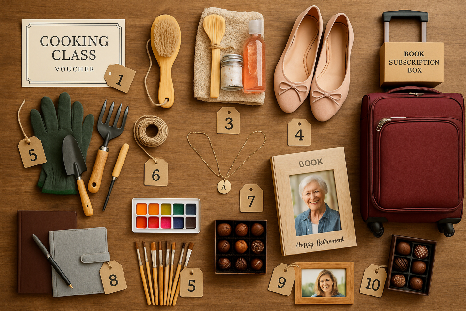 Cadeau pour retraite femme : photo flat-lay de 10 idées (bon cours de cuisine, coffret spa, collier, valise, jardinage, peinture, lecture, cadre photo, chocolats)